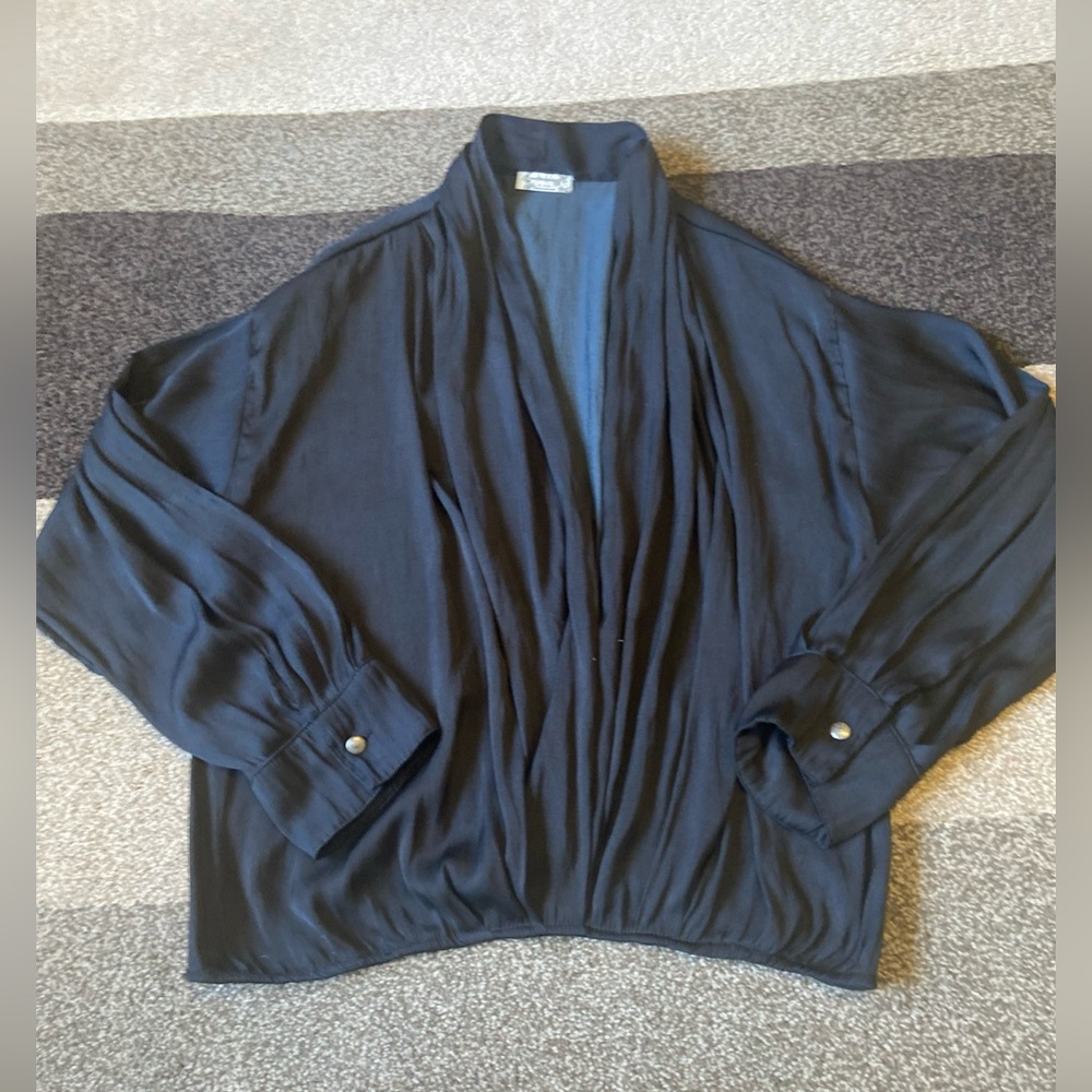 Free People Intimately Surplice Wrap Blouse S | Black Satin Long Sleeve Boho Top